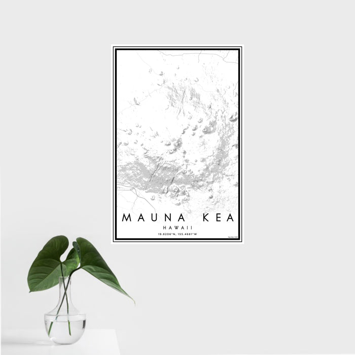 16x24 Mauna Kea Hawaii Map Print Portrait Orientation in Classic Style With Tropical Plant Leaves in Water