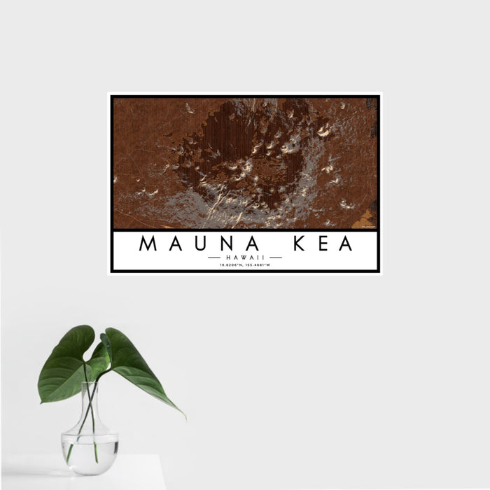 16x24 Mauna Kea Hawaii Map Print Landscape Orientation in Ember Style With Tropical Plant Leaves in Water