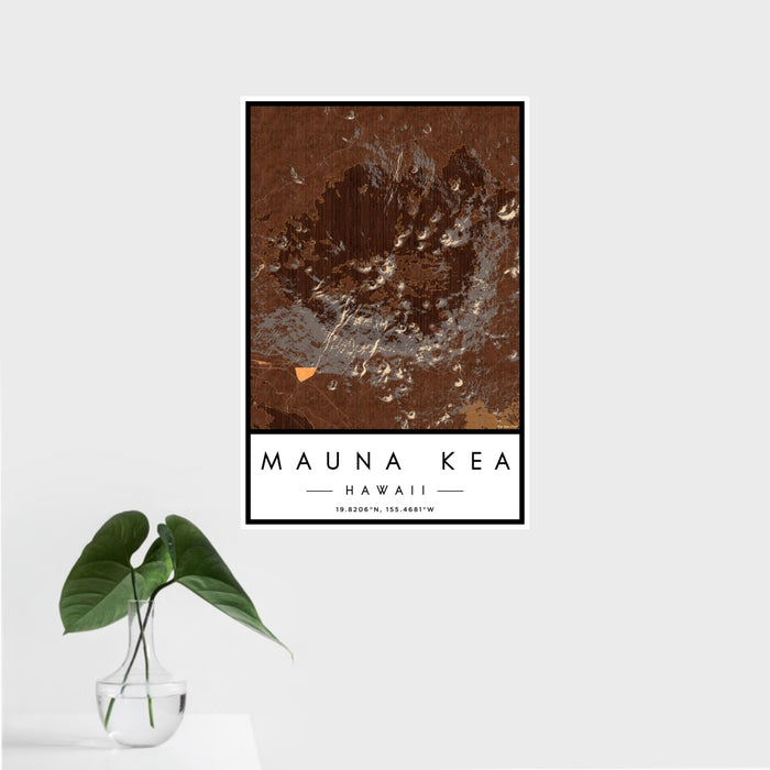 16x24 Mauna Kea Hawaii Map Print Portrait Orientation in Ember Style With Tropical Plant Leaves in Water