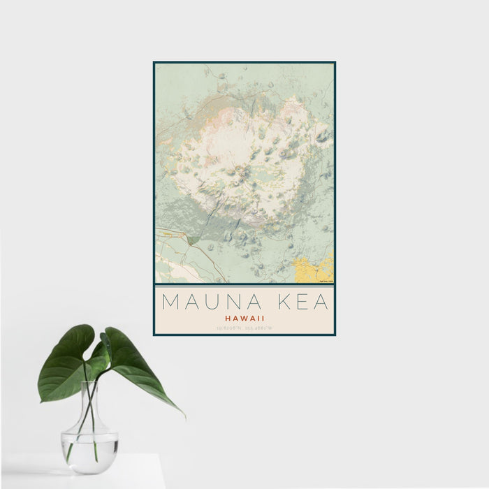 16x24 Mauna Kea Hawaii Map Print Portrait Orientation in Woodblock Style With Tropical Plant Leaves in Water