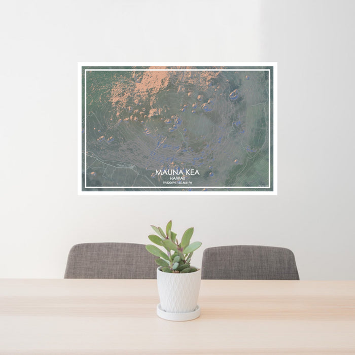 24x36 Mauna Kea Hawaii Map Print Lanscape Orientation in Afternoon Style Behind 2 Chairs Table and Potted Plant