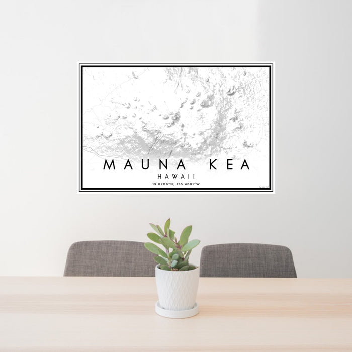 24x36 Mauna Kea Hawaii Map Print Lanscape Orientation in Classic Style Behind 2 Chairs Table and Potted Plant