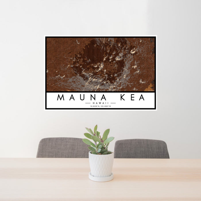 24x36 Mauna Kea Hawaii Map Print Lanscape Orientation in Ember Style Behind 2 Chairs Table and Potted Plant