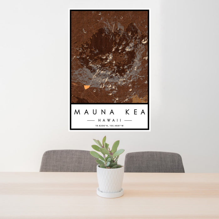 24x36 Mauna Kea Hawaii Map Print Portrait Orientation in Ember Style Behind 2 Chairs Table and Potted Plant