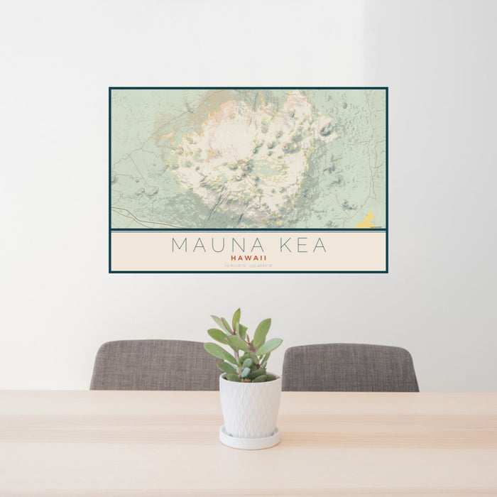 24x36 Mauna Kea Hawaii Map Print Lanscape Orientation in Woodblock Style Behind 2 Chairs Table and Potted Plant