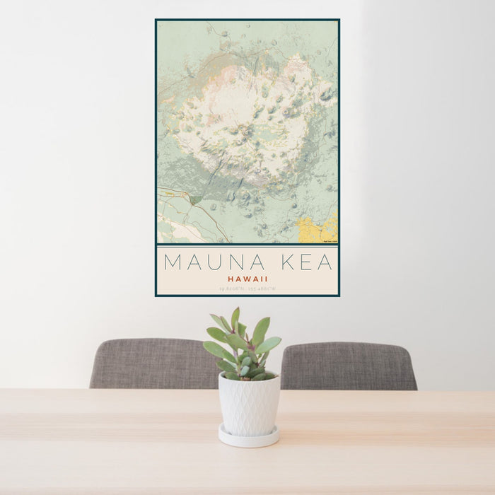 24x36 Mauna Kea Hawaii Map Print Portrait Orientation in Woodblock Style Behind 2 Chairs Table and Potted Plant