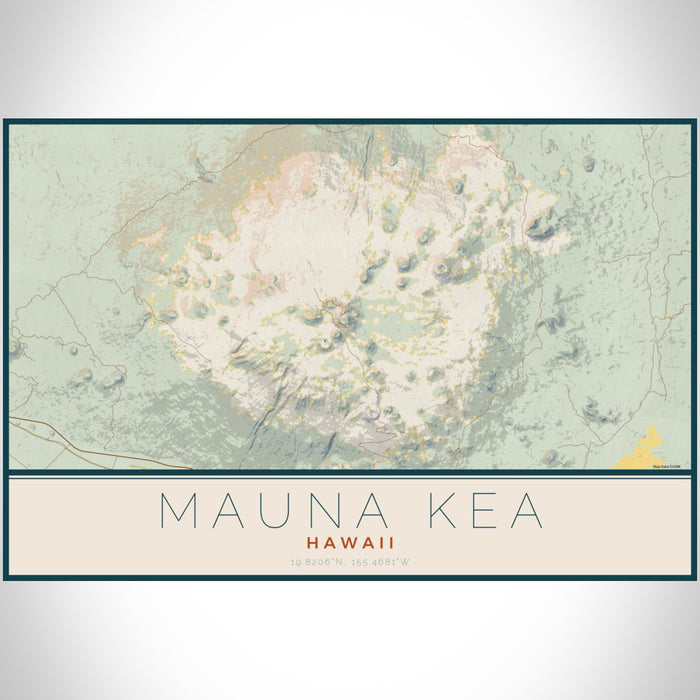 Mauna Kea Hawaii Map Print Landscape Orientation in Woodblock Style With Shaded Background