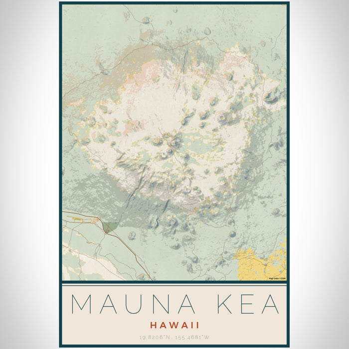 Mauna Kea Hawaii Map Print Portrait Orientation in Woodblock Style With Shaded Background