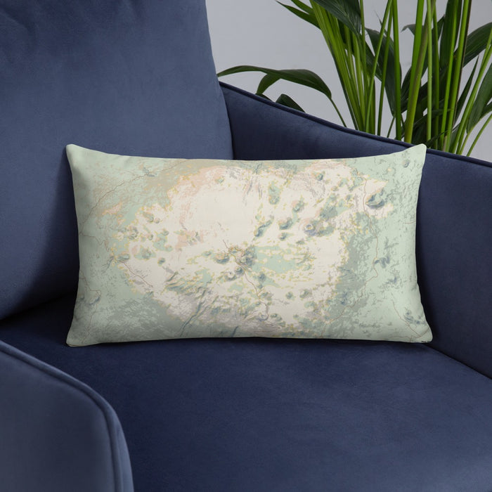 Custom Mauna Kea Hawaii Map Throw Pillow in Woodblock on Blue Colored Chair