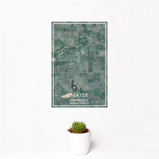 12x18 Mayer Minnesota Map Print Portrait Orientation in Afternoon Style With Small Cactus Plant in White Planter