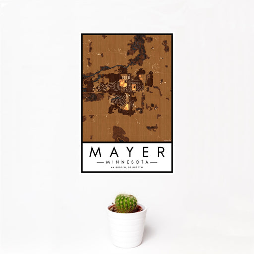 12x18 Mayer Minnesota Map Print Portrait Orientation in Ember Style With Small Cactus Plant in White Planter