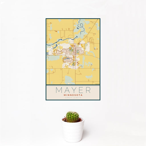 12x18 Mayer Minnesota Map Print Portrait Orientation in Woodblock Style With Small Cactus Plant in White Planter
