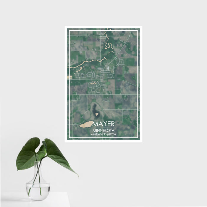 16x24 Mayer Minnesota Map Print Portrait Orientation in Afternoon Style With Tropical Plant Leaves in Water