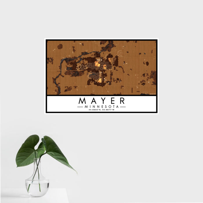 16x24 Mayer Minnesota Map Print Landscape Orientation in Ember Style With Tropical Plant Leaves in Water