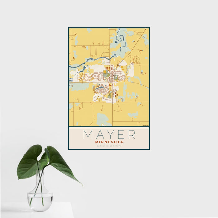 16x24 Mayer Minnesota Map Print Portrait Orientation in Woodblock Style With Tropical Plant Leaves in Water