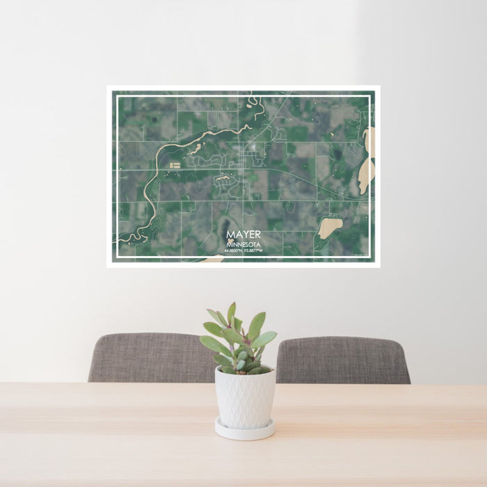 24x36 Mayer Minnesota Map Print Lanscape Orientation in Afternoon Style Behind 2 Chairs Table and Potted Plant