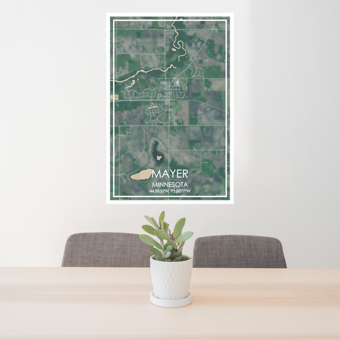 24x36 Mayer Minnesota Map Print Portrait Orientation in Afternoon Style Behind 2 Chairs Table and Potted Plant