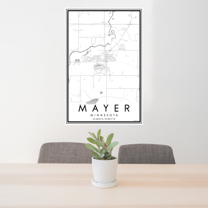 24x36 Mayer Minnesota Map Print Portrait Orientation in Classic Style Behind 2 Chairs Table and Potted Plant