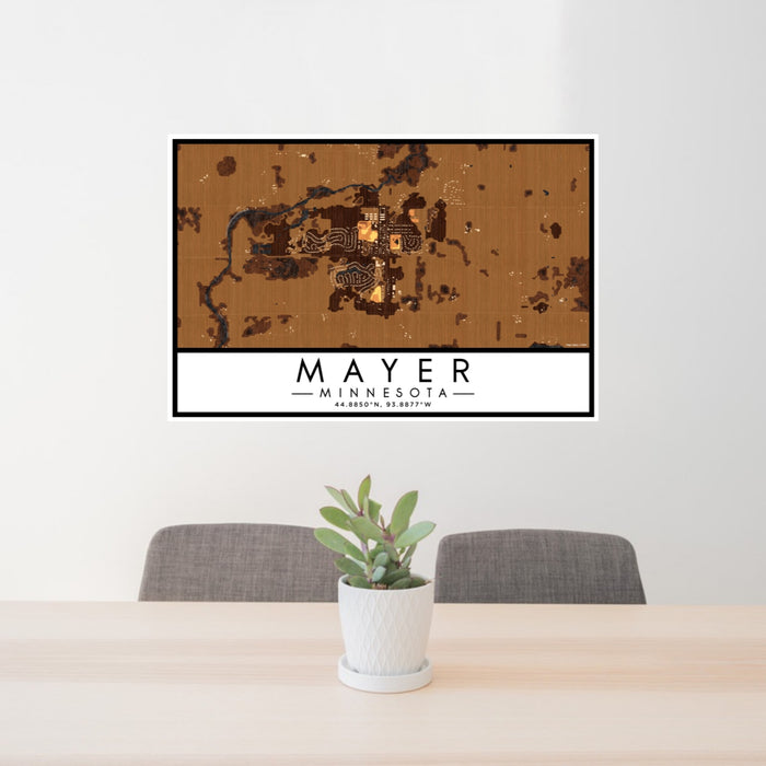 24x36 Mayer Minnesota Map Print Lanscape Orientation in Ember Style Behind 2 Chairs Table and Potted Plant