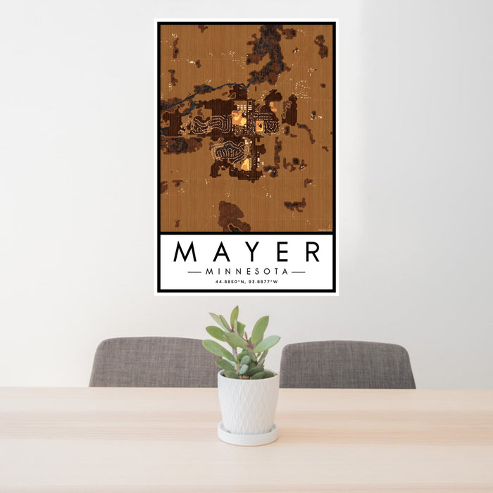24x36 Mayer Minnesota Map Print Portrait Orientation in Ember Style Behind 2 Chairs Table and Potted Plant