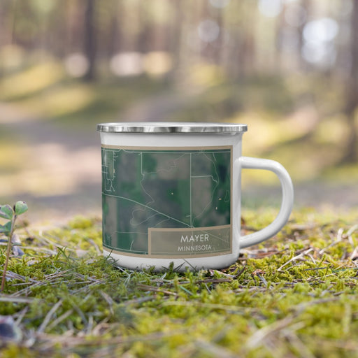 Right View Custom Mayer Minnesota Map Enamel Mug in Afternoon on Grass With Trees in Background