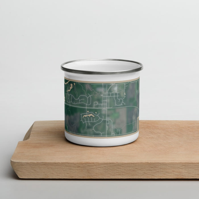 Front View Custom Mayer Minnesota Map Enamel Mug in Afternoon on Cutting Board
