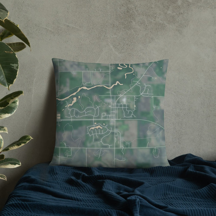 Custom Mayer Minnesota Map Throw Pillow in Afternoon on Bedding Against Wall