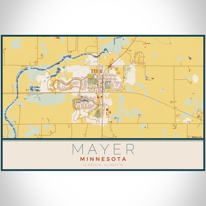 Mayer Minnesota Map Print Landscape Orientation in Woodblock Style With Shaded Background