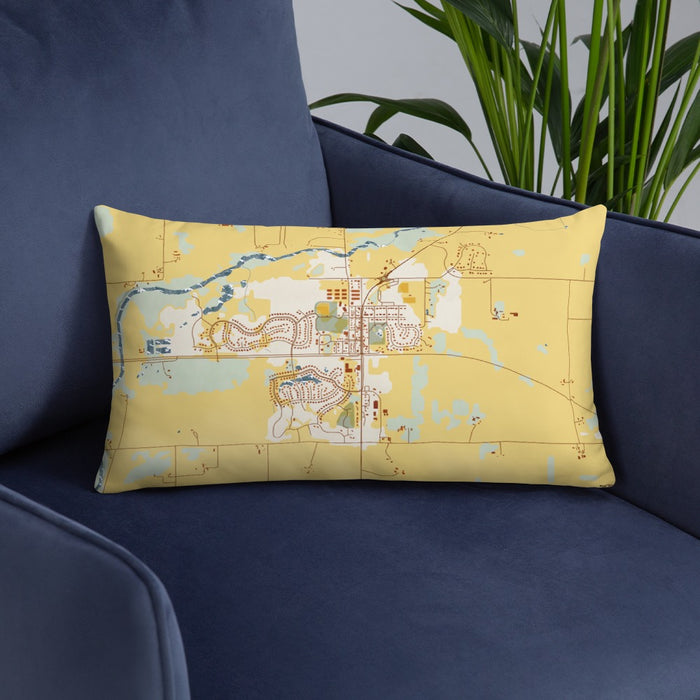 Custom Mayer Minnesota Map Throw Pillow in Woodblock on Blue Colored Chair