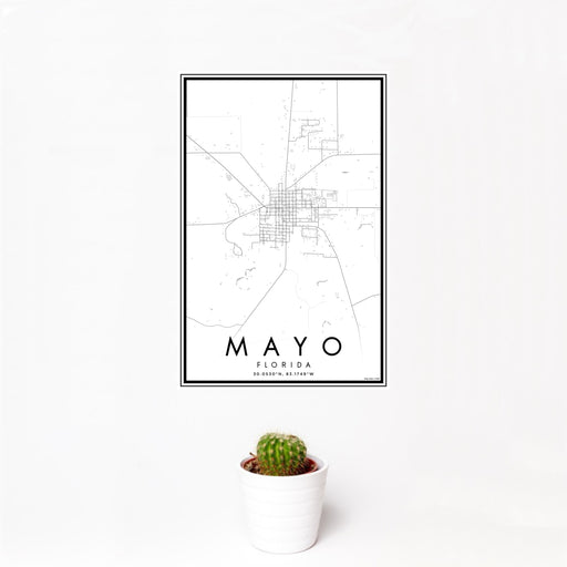 12x18 Mayo Florida Map Print Portrait Orientation in Classic Style With Small Cactus Plant in White Planter