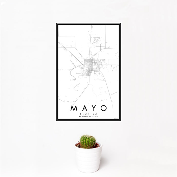 12x18 Mayo Florida Map Print Portrait Orientation in Classic Style With Small Cactus Plant in White Planter