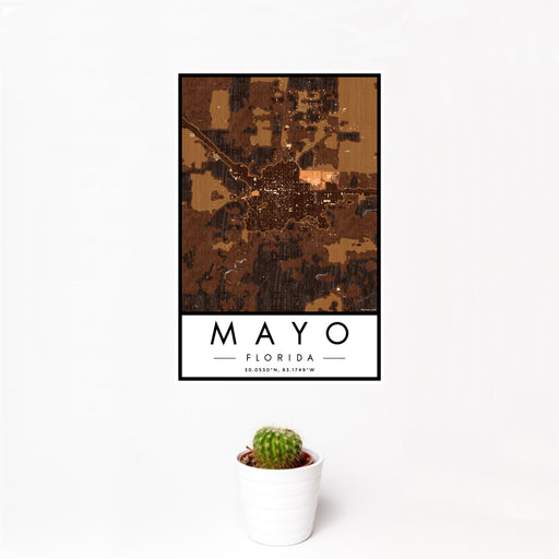 12x18 Mayo Florida Map Print Portrait Orientation in Ember Style With Small Cactus Plant in White Planter