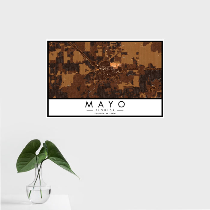 16x24 Mayo Florida Map Print Landscape Orientation in Ember Style With Tropical Plant Leaves in Water
