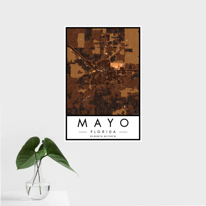16x24 Mayo Florida Map Print Portrait Orientation in Ember Style With Tropical Plant Leaves in Water