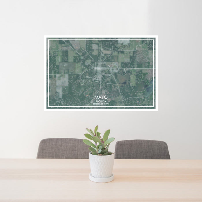 24x36 Mayo Florida Map Print Lanscape Orientation in Afternoon Style Behind 2 Chairs Table and Potted Plant