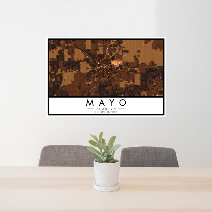 24x36 Mayo Florida Map Print Lanscape Orientation in Ember Style Behind 2 Chairs Table and Potted Plant