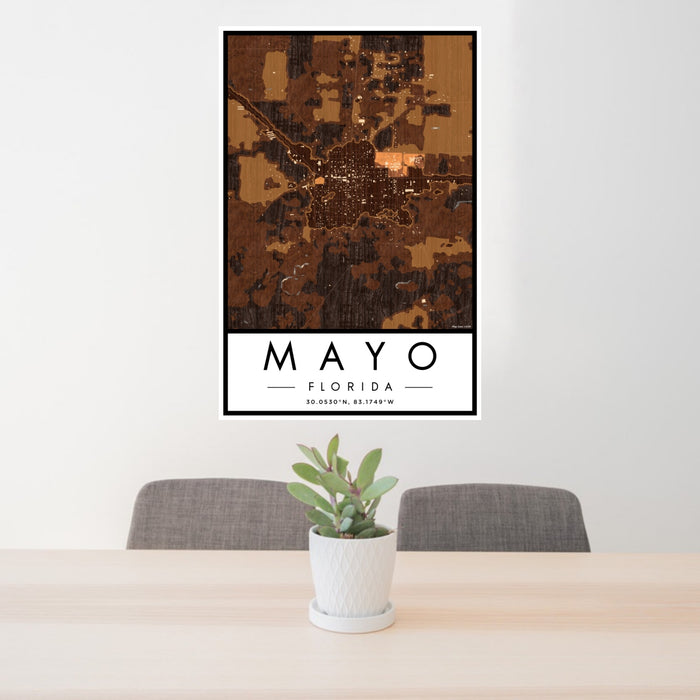 24x36 Mayo Florida Map Print Portrait Orientation in Ember Style Behind 2 Chairs Table and Potted Plant