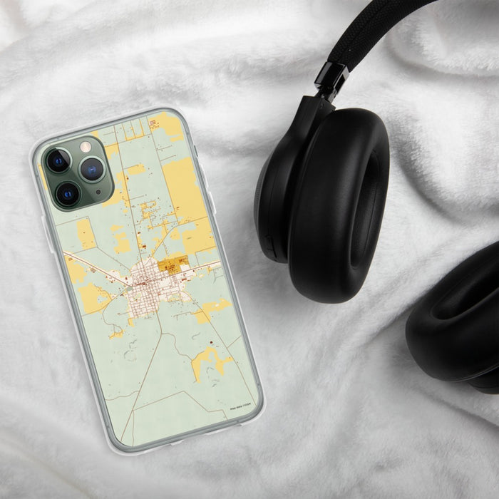 Custom Mayo Florida Map Phone Case in Woodblock on Table with Black Headphones