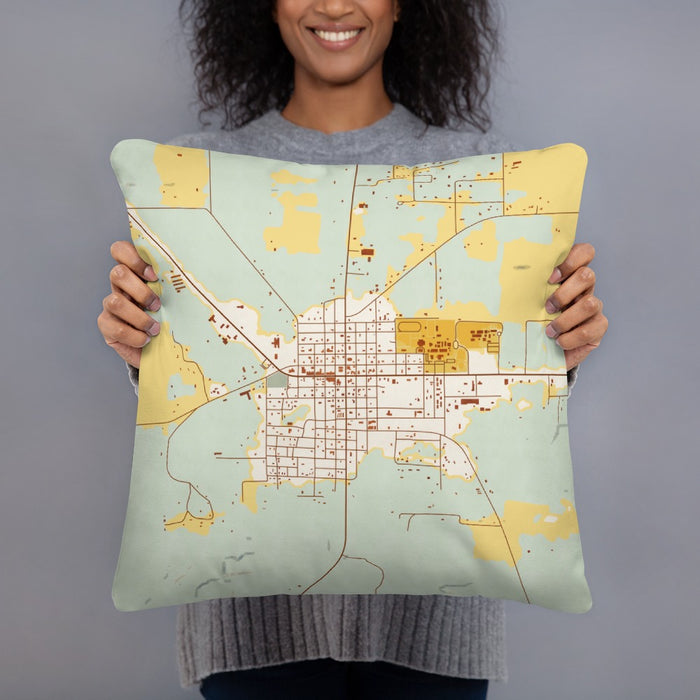 Person holding 18x18 Custom Mayo Florida Map Throw Pillow in Woodblock