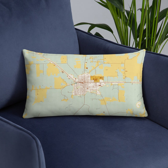 Custom Mayo Florida Map Throw Pillow in Woodblock on Blue Colored Chair