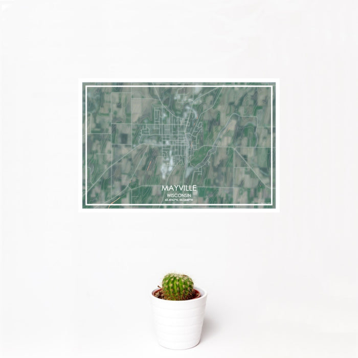 12x18 Mayville Wisconsin Map Print Landscape Orientation in Afternoon Style With Small Cactus Plant in White Planter