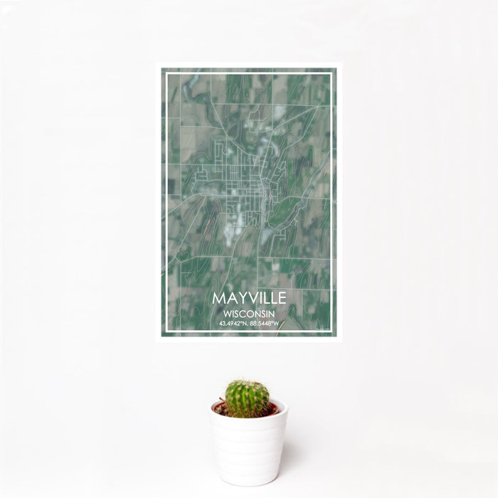 12x18 Mayville Wisconsin Map Print Portrait Orientation in Afternoon Style With Small Cactus Plant in White Planter
