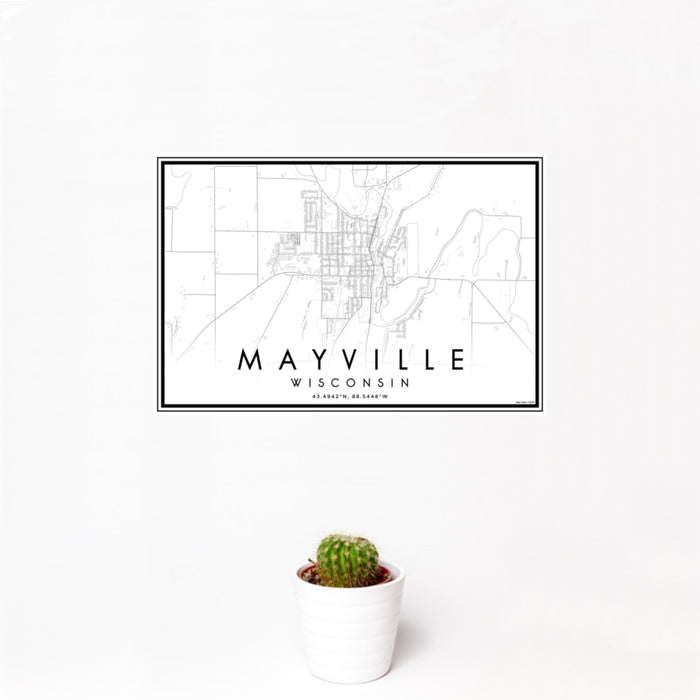 12x18 Mayville Wisconsin Map Print Landscape Orientation in Classic Style With Small Cactus Plant in White Planter