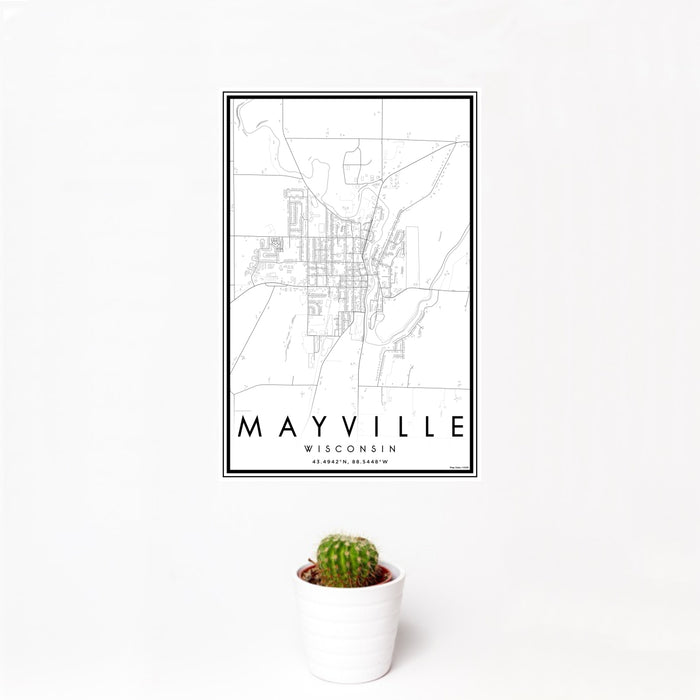 12x18 Mayville Wisconsin Map Print Portrait Orientation in Classic Style With Small Cactus Plant in White Planter