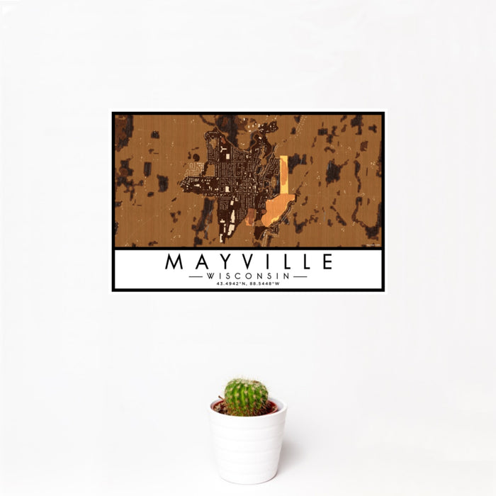 12x18 Mayville Wisconsin Map Print Landscape Orientation in Ember Style With Small Cactus Plant in White Planter