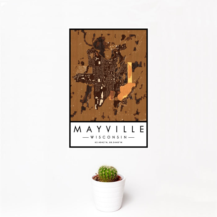 12x18 Mayville Wisconsin Map Print Portrait Orientation in Ember Style With Small Cactus Plant in White Planter
