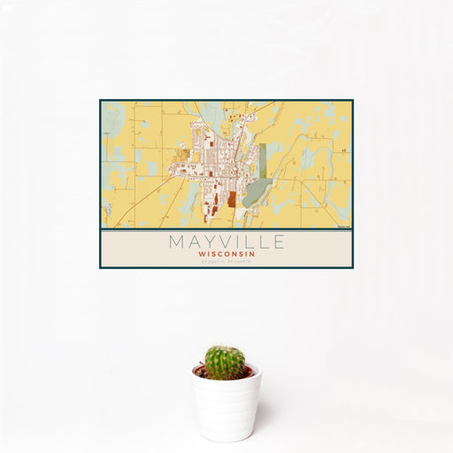 12x18 Mayville Wisconsin Map Print Landscape Orientation in Woodblock Style With Small Cactus Plant in White Planter