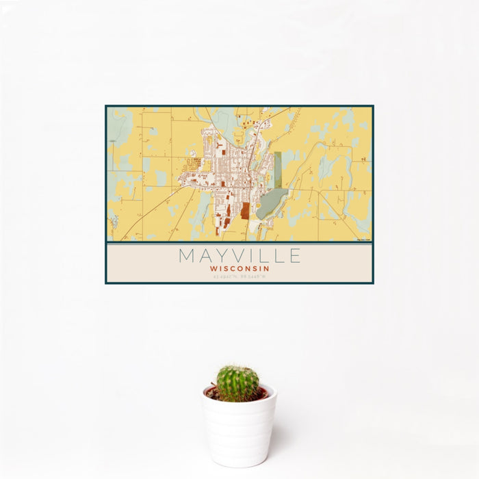 12x18 Mayville Wisconsin Map Print Landscape Orientation in Woodblock Style With Small Cactus Plant in White Planter