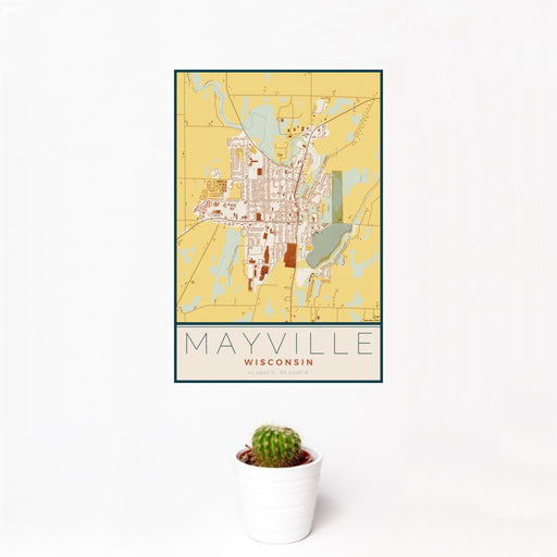 12x18 Mayville Wisconsin Map Print Portrait Orientation in Woodblock Style With Small Cactus Plant in White Planter