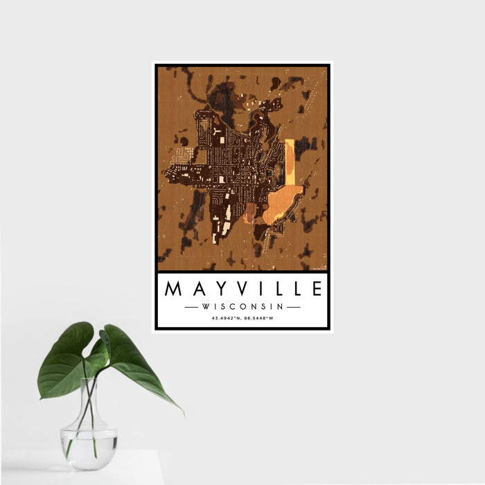 16x24 Mayville Wisconsin Map Print Portrait Orientation in Ember Style With Tropical Plant Leaves in Water